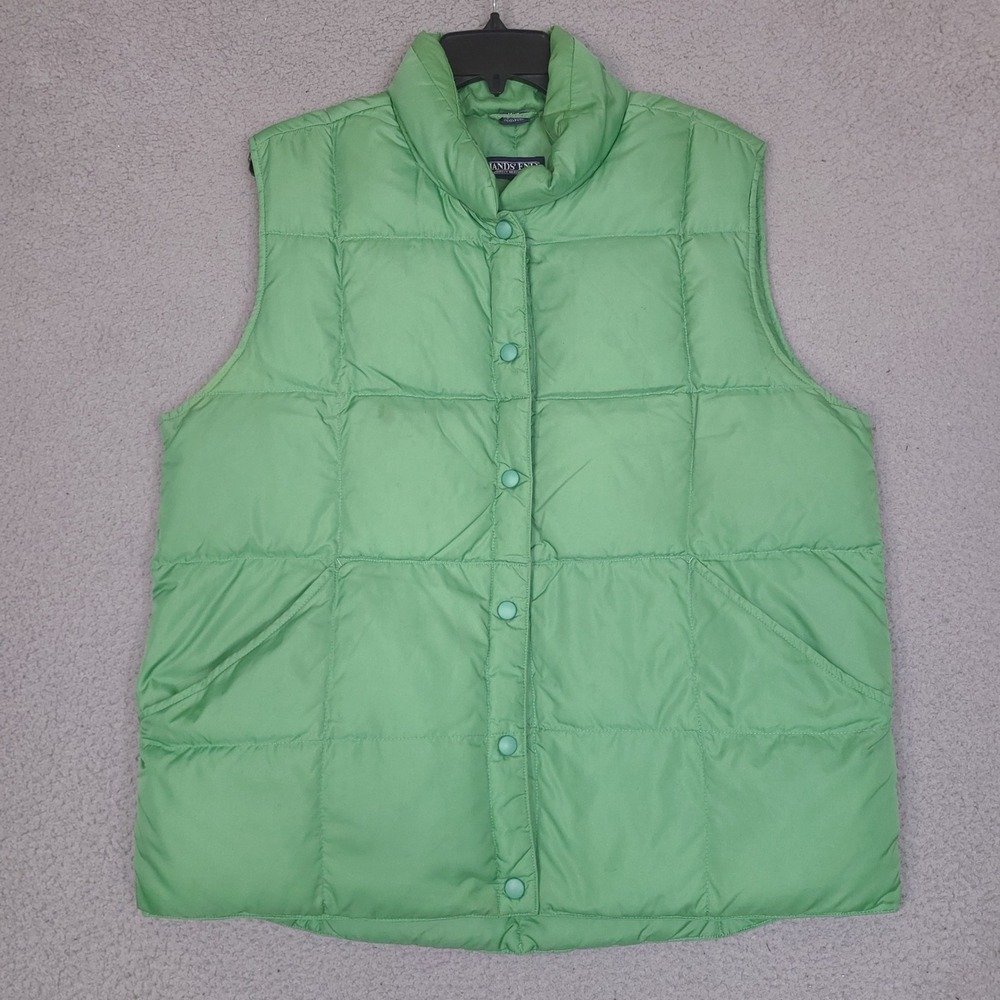 Lands End Puffer Vest Womens Large Green Snap Front Goose Down Feather Fill